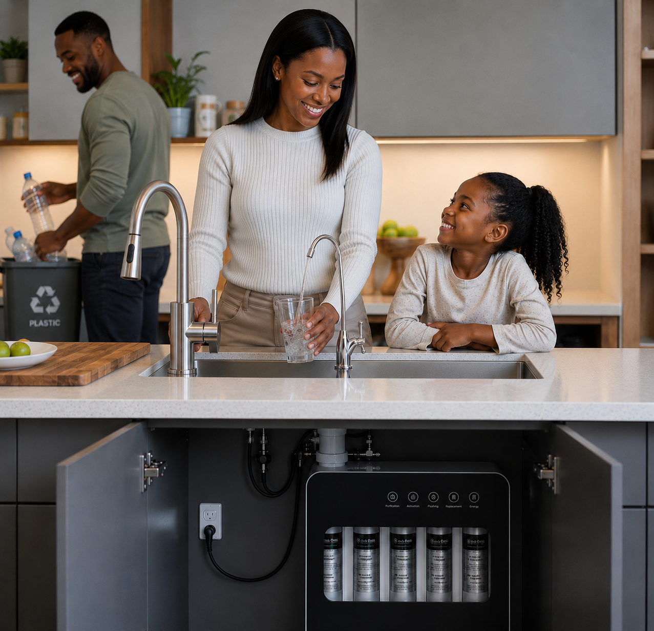 Family using drinking water at home
